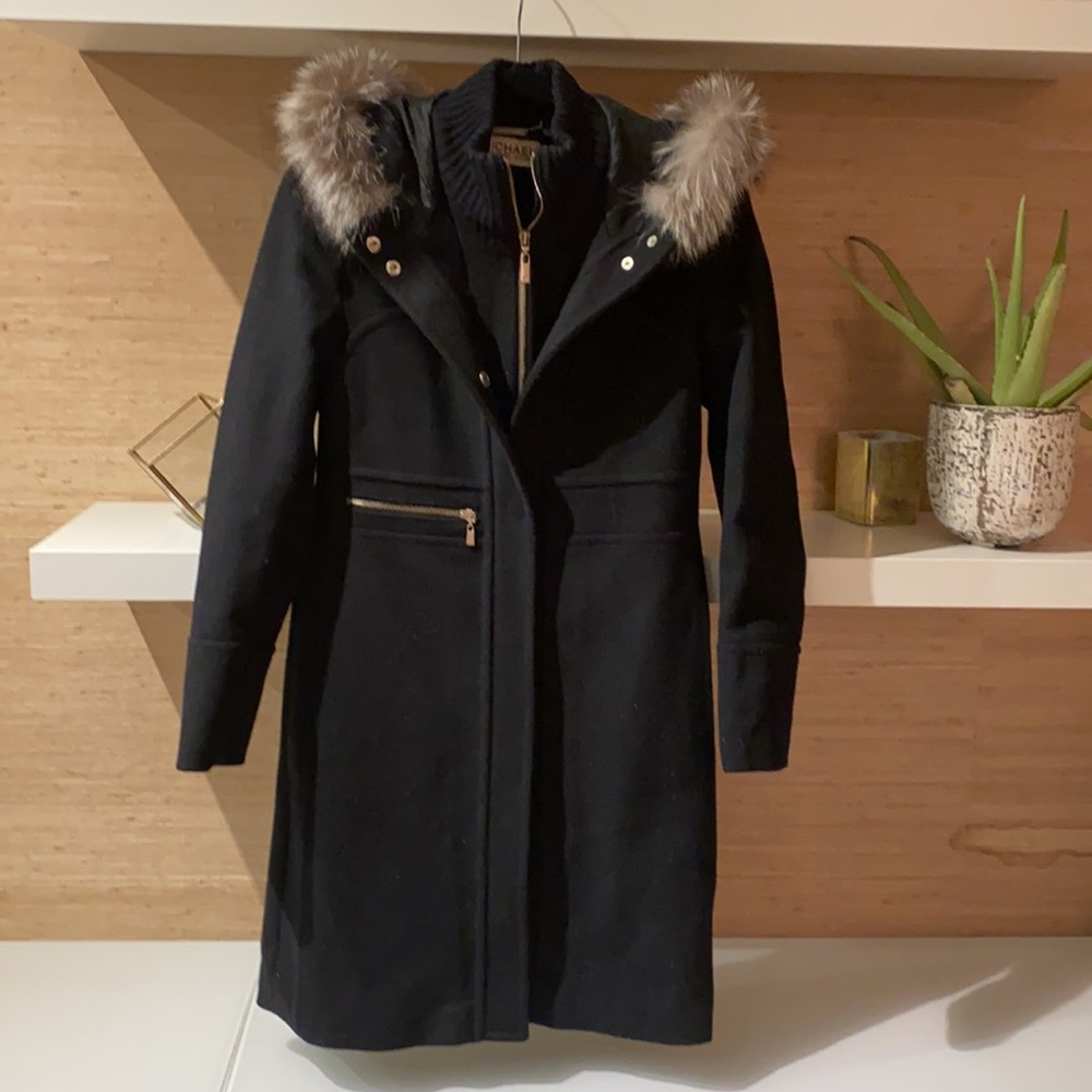 MICHAEL Michael Kors wool black coat with fur Sz 4